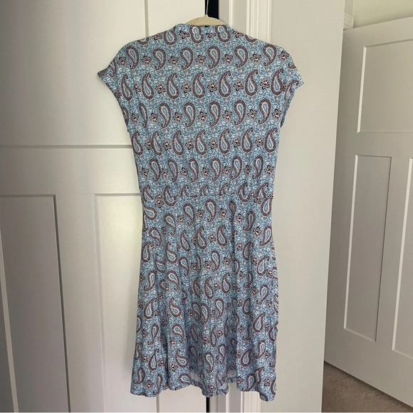 Boden Paisley Cap Sleeve Blue Dress V Neck Button Flippy Jersey - Picture 5 of 5
